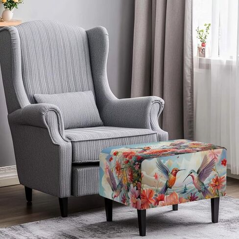 Ottoman Cover Rectangular Blue Floral Slipcovers for Ottomans Soft Fabric Footstool Cover Flower Themd Large Ottoman Slipcover Accessories Removable Furniture Protector Easy to Installed in Saudi Arabia