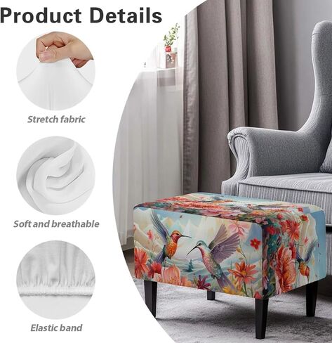 Ottoman Cover Rectangular Blue Floral Slipcovers for Ottomans Soft Fabric Footstool Cover Flower Themd Large Ottoman Slipcover Accessories Removable Furniture Protector Easy to Installed in Saudi Arabia