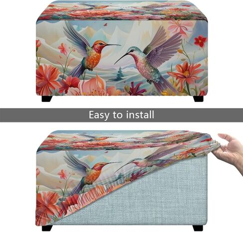 Ottoman Cover Rectangular Blue Floral Slipcovers for Ottomans Soft Fabric Footstool Cover Flower Themd Large Ottoman Slipcover Accessories Removable Furniture Protector Easy to Installed in Saudi Arabia