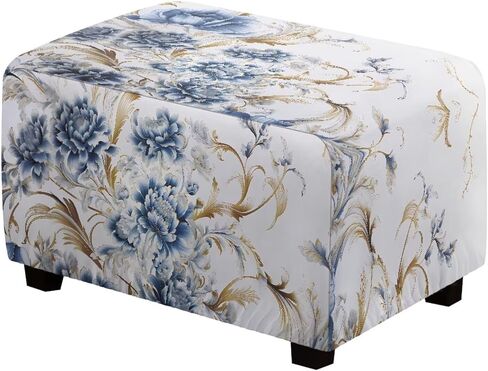 Ottoman Cover Rectangular Blue Floral Slipcovers for Ottomans Soft Fabric Footstool Cover Flower Themd Large Ottoman Slipcover Accessories Removable Furniture Protector Easy to Installed in Saudi Arabia