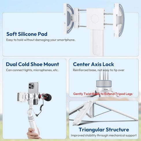 ULANZI TT88 Magnetic Tripod for iPhone 17, 57" Extendable Selfie Stick w Remote, 2-in-1 Phone Clip & Dual Cold Shoe Mounts-Lightweight Phone Tripod Stand for Vlogging, Travel, Video Recording, White in Saudi Arabia