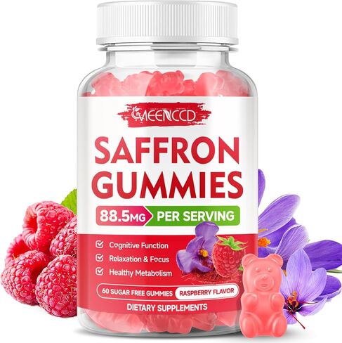 2 Pack Saffron Gummies for Kids & Adults - 10-in-1 Saffron Supplements with Magnesium, L-Theanine, Rhodiola - Supports Vision, Zzz, Mood, Focus & Relaxation - Sugar-Free, Raspberry Flavor, 120 Count in Kuwait
