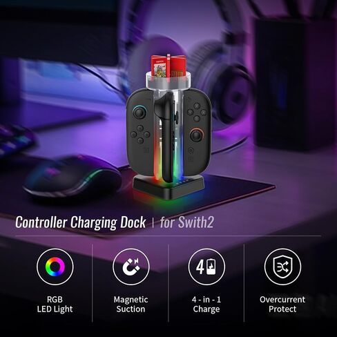 Switch 2 شحن الرصيف مع 6 بطاقات اللعبة تخزين ، Full-Away RGB Lighting Magnetic Charging Charging Switch 2 Accessories Charger Station مع كابل USB-C لـ Joycon 2 ، شفاف in Kuwait
