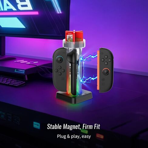 Switch 2 شحن الرصيف مع 6 بطاقات اللعبة تخزين ، Full-Away RGB Lighting Magnetic Charging Charging Switch 2 Accessories Charger Station مع كابل USB-C لـ Joycon 2 ، شفاف in Kuwait