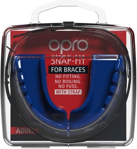 واقي الفم من OPRO Snap-Fit ذو المستوى الفوري + حزام - واقي الفم سريع الحماية لللاكروس، جيو جيتسو، مصارعة الملاكمة MMA وقطعة الفم لكرة القدم - يتضمن حافظة حماية الفم (للبالغين، أزرق) in Kuwait