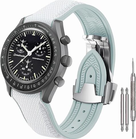 Strap for Omega×Swatch MoonSwatch Watch, 20mm Curved No Gap Rubber Strap,Folding Buckle Band Compatible with Omega×Swatch Moonswatch Speedmaster Watch Men Women-Black in Kuwait