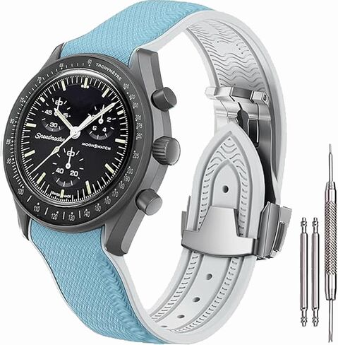Strap for Omega×Swatch MoonSwatch Watch, 20mm Curved No Gap Rubber Strap,Folding Buckle Band Compatible with Omega×Swatch Moonswatch Speedmaster Watch Men Women-Black in Kuwait