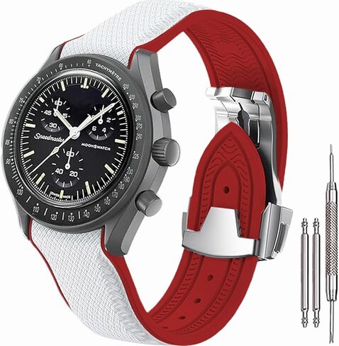 Strap for Omega×Swatch MoonSwatch Watch, 20mm Curved No Gap Rubber Strap,Folding Buckle Band Compatible with Omega×Swatch Moonswatch Speedmaster Watch Men Women-Black in Kuwait