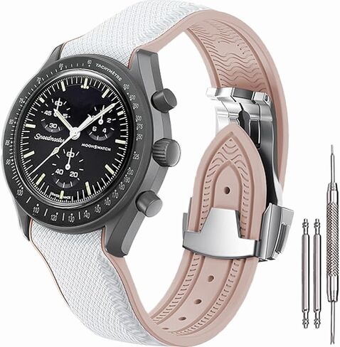 Strap for Omega×Swatch MoonSwatch Watch, 20mm Curved No Gap Rubber Strap,Folding Buckle Band Compatible with Omega×Swatch Moonswatch Speedmaster Watch Men Women-Black in Kuwait