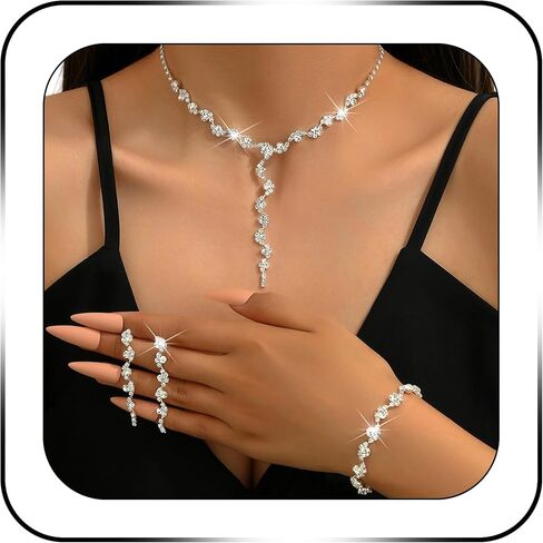 Rhinestone Jewelry Set Necklace Bracelet Earrings Set Sparkly Crystal Necklace Bridal Wedding Prom Costume Jewelry Sets for Bride Bridesmaid Women in Saudi Arabia