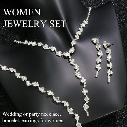 Rhinestone Jewelry Set Necklace Bracelet Earrings Set Sparkly Crystal Necklace Bridal Wedding Prom Costume Jewelry Sets for Bride Bridesmaid Women in Saudi Arabia