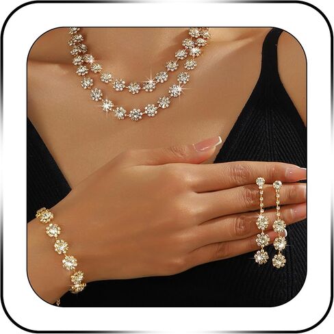 Rhinestone Jewelry Set Necklace Bracelet Earrings Set Sparkly Crystal Necklace Bridal Wedding Prom Costume Jewelry Sets for Bride Bridesmaid Women in Saudi Arabia