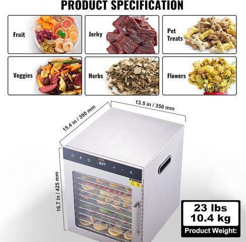VEVOR Food Dehydrator Machine, 12 Stainless Steel Trays, 850W Electric Food Dryer with Adjustable Temperature & 24-Hour Timer, Freeze Dryer for Jerky, Meat, Fruit, Vegetables, Herbs, Dog Treats in Saudi Arabia