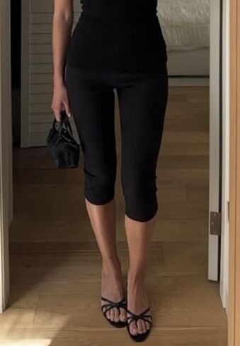 Women’s Layered Ruffle Hem Capri Yoga Pants Solid High Waist Workout Bell Leggings Slim Tummy Control Flare Bottom in Saudi Arabia