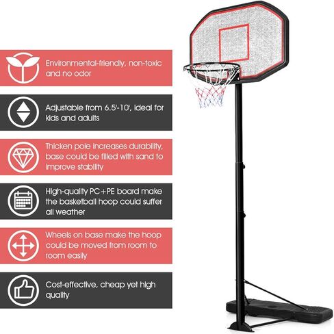 Giantex Portable Basketball Hoop 10 Ft, Adjustable Height 6.5-10 Ft, 43 Inch Backboard Basketball Goal, Suit for Court, Driveway, Garage, Indoor Outdoor Basketball Hoop for Kids, Youth, Junior in Saudi Arabia