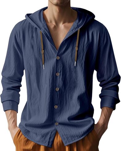 Men Cotton Linen Long Sleeve Button Down Shirt Summer Casual Hawaiian Beach Tops Lightweight Fashion Hoodies in Kuwait