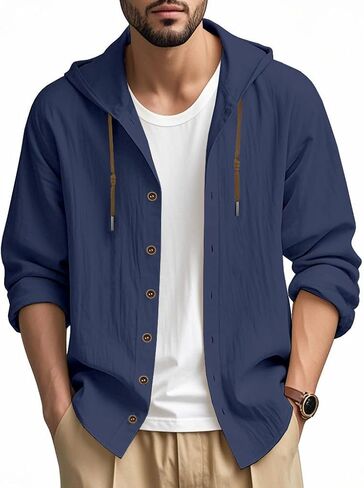 Men Cotton Linen Long Sleeve Button Down Shirt Summer Casual Hawaiian Beach Tops Lightweight Fashion Hoodies in Kuwait