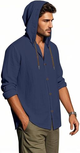 Men Cotton Linen Long Sleeve Button Down Shirt Summer Casual Hawaiian Beach Tops Lightweight Fashion Hoodies in Kuwait
