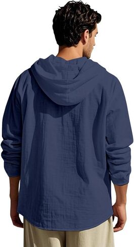 Men Cotton Linen Long Sleeve Button Down Shirt Summer Casual Hawaiian Beach Tops Lightweight Fashion Hoodies in Kuwait