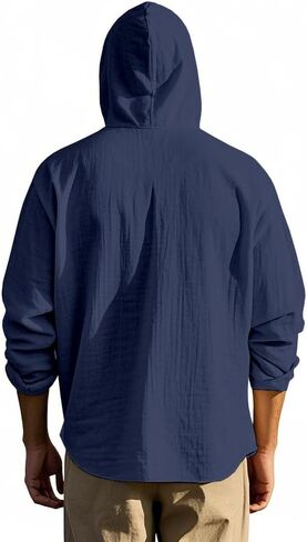 Men Cotton Linen Long Sleeve Button Down Shirt Summer Casual Hawaiian Beach Tops Lightweight Fashion Hoodies in Kuwait