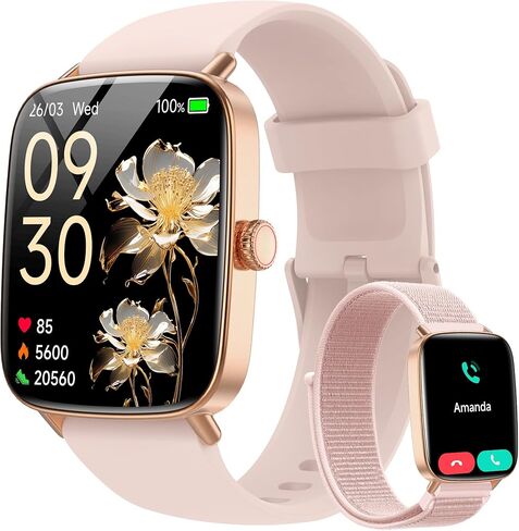 Tensky Smart Watch for Women Android & iPhone, 1.85" Touch Screen Fitness Tracker with Answer/Make Call, IP68 Waterproof 24/7 Health/Sleep Monitor, Pedometer, 100+ Sport Modes (2 Bands) in Kuwait