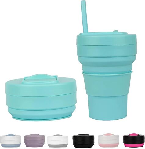 Silicone Foldable Drinking Cup for Camping Hiking,Portable Silicone Water Bottle for Hot and Cold Beverages with Straw- Blue & White in Saudi Arabia