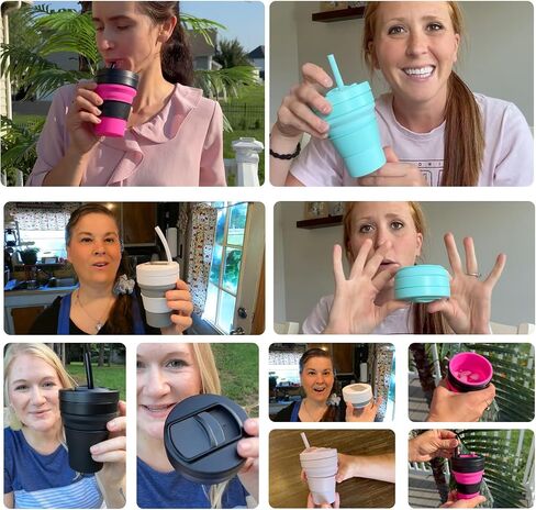 Silicone Foldable Drinking Cup for Camping Hiking,Portable Silicone Water Bottle for Hot and Cold Beverages with Straw- Blue & White in Saudi Arabia