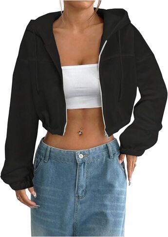 SHENHE Women's Cropped Zip Up Hoodie Jacket Athletic Workout Long Sleeve Sweatshirt Hoodies in Saudi Arabia