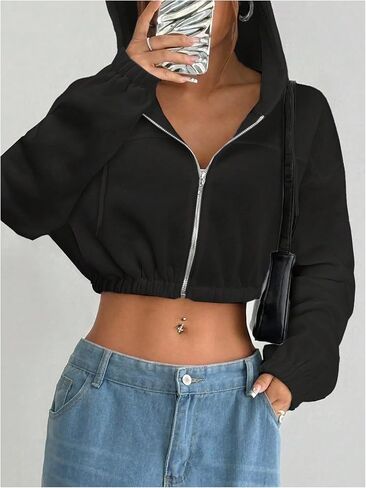 SHENHE Women's Cropped Zip Up Hoodie Jacket Athletic Workout Long Sleeve Sweatshirt Hoodies in Saudi Arabia