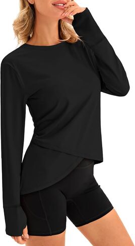 Fisoew Womens Long Sleeve Tops Tops Athletic Lescrets Derts Crew Neck Cross Hem تشغيل قمصان ناشطة in Saudi Arabia