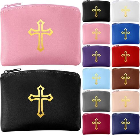 12 PCS مسبحة حقيبة كاثوليكية مع الذهب Cross Cross Leather Case for Women and Men Coin Holder Holder Bag for Travel Christmas ، 12 Colling in Saudi Arabia