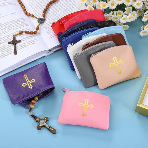 12 PCS مسبحة حقيبة كاثوليكية مع الذهب Cross Cross Leather Case for Women and Men Coin Holder Holder Bag for Travel Christmas ، 12 Colling in Saudi Arabia