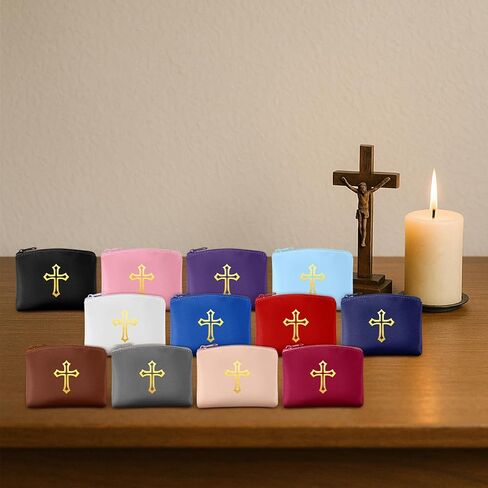 12 PCS مسبحة حقيبة كاثوليكية مع الذهب Cross Cross Leather Case for Women and Men Coin Holder Holder Bag for Travel Christmas ، 12 Colling in Saudi Arabia