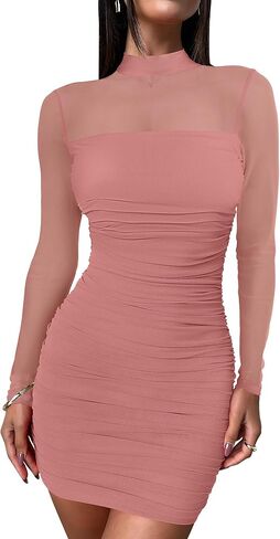 ANRABESS Womens Sexy Bodycon Mesh Ruched Mini Dresses Mock Neck Slim Fall Long Sleeve Cocktail Party Going Out Short Dress in Saudi Arabia