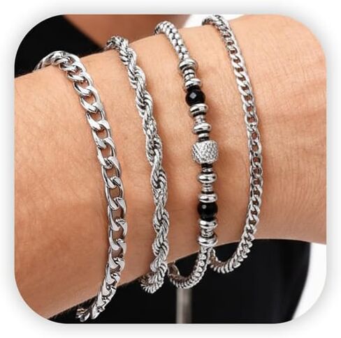 Stainless Steel Silver Bracelets for Men: 4Pcs Rope Cuban Link Bracelet for Men - 6mm Black Onyx Beaded Bracelets - Stainless Steel Mens Bracelet Silver Jewelry Set - 7.5 Inch Cool Wrist Chains in Kuwait