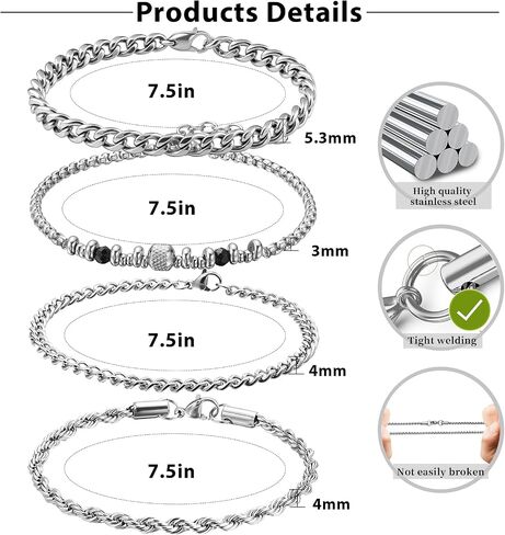 Stainless Steel Silver Bracelets for Men: 4Pcs Rope Cuban Link Bracelet for Men - 6mm Black Onyx Beaded Bracelets - Stainless Steel Mens Bracelet Silver Jewelry Set - 7.5 Inch Cool Wrist Chains in Kuwait