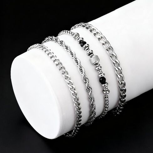 Stainless Steel Silver Bracelets for Men: 4Pcs Rope Cuban Link Bracelet for Men - 6mm Black Onyx Beaded Bracelets - Stainless Steel Mens Bracelet Silver Jewelry Set - 7.5 Inch Cool Wrist Chains in Kuwait