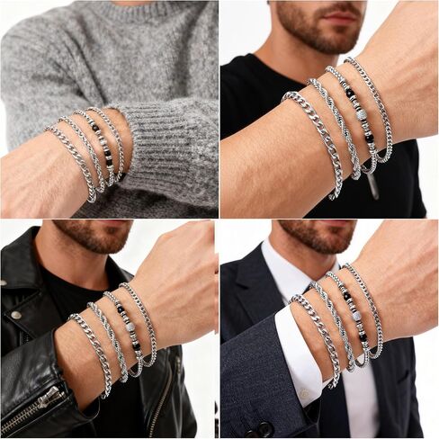 Stainless Steel Silver Bracelets for Men: 4Pcs Rope Cuban Link Bracelet for Men - 6mm Black Onyx Beaded Bracelets - Stainless Steel Mens Bracelet Silver Jewelry Set - 7.5 Inch Cool Wrist Chains in Kuwait