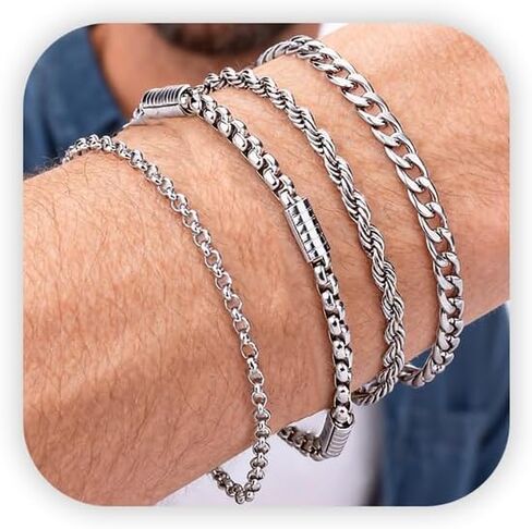 Stainless Steel Silver Bracelets for Men: 4Pcs Rope Cuban Link Bracelet for Men - 6mm Black Onyx Beaded Bracelets - Stainless Steel Mens Bracelet Silver Jewelry Set - 7.5 Inch Cool Wrist Chains in Kuwait