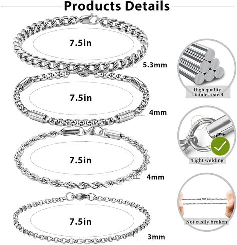 Stainless Steel Silver Bracelets for Men: 4Pcs Rope Cuban Link Bracelet for Men - 6mm Black Onyx Beaded Bracelets - Stainless Steel Mens Bracelet Silver Jewelry Set - 7.5 Inch Cool Wrist Chains in Kuwait