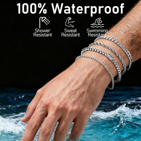 Stainless Steel Silver Bracelets for Men: 4Pcs Rope Cuban Link Bracelet for Men - 6mm Black Onyx Beaded Bracelets - Stainless Steel Mens Bracelet Silver Jewelry Set - 7.5 Inch Cool Wrist Chains in Kuwait
