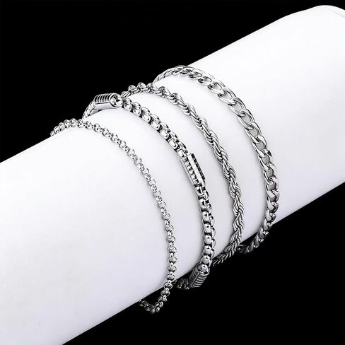 Stainless Steel Silver Bracelets for Men: 4Pcs Rope Cuban Link Bracelet for Men - 6mm Black Onyx Beaded Bracelets - Stainless Steel Mens Bracelet Silver Jewelry Set - 7.5 Inch Cool Wrist Chains in Kuwait