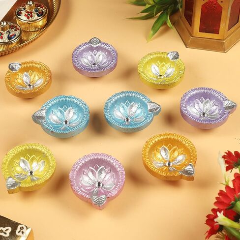 Pack of 30 Diwali Decoration Handmade Colorful Earthen Diyas for Pooja Handpainted Diyas for Pooja Festival Decoration Lights for Dipavali Home Indoor Outdoor Decor with Cotton Wicks in Kuwait