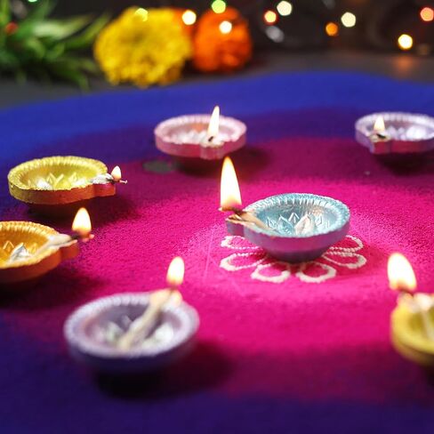 Pack of 30 Diwali Decoration Handmade Colorful Earthen Diyas for Pooja Handpainted Diyas for Pooja Festival Decoration Lights for Dipavali Home Indoor Outdoor Decor with Cotton Wicks in Kuwait