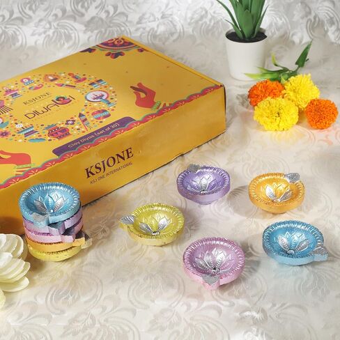 Pack of 30 Diwali Decoration Handmade Colorful Earthen Diyas for Pooja Handpainted Diyas for Pooja Festival Decoration Lights for Dipavali Home Indoor Outdoor Decor with Cotton Wicks in Kuwait