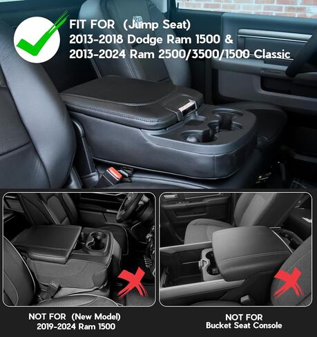 Center Console Armrest Cover Fit for 2013-2018 Ram 1500 & 2013-2024 Dodge Ram 2500/3500/1500 Classic Model, PU Leather Middle Console Cover Car Accessories with Hidden Pockets, Jump Seat Console Only in Saudi Arabia