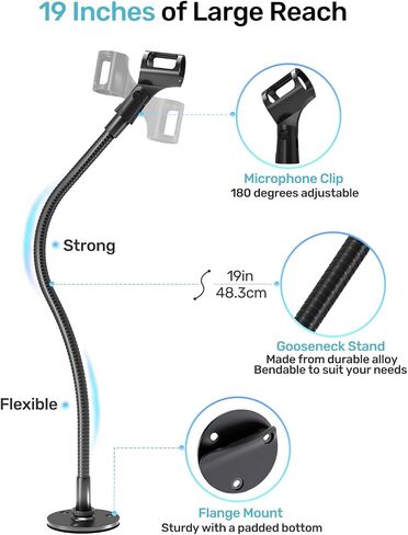 19-inch Gooseneck Microphone Holder Stand, Desktop & Wall Mounted, Heavy Duty Flexible Microphone Arm Stand with Flange Mount Base, Ideal for Podium, Studio, Lecture, Podcast, Gaming, Streaming in Saudi Arabia