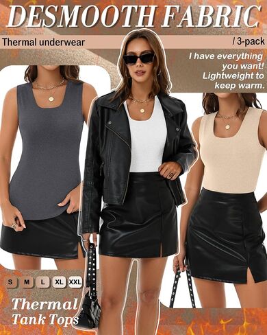 3 Pack Women's Thermal Tank Tops Fleece Lined Scoop Neck Sleeveless Undershirts Warm Frayed Hem Base Layer Vest in Kuwait