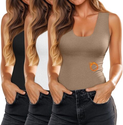 3 Pack Women's Thermal Tank Tops Fleece Lined Scoop Neck Sleeveless Undershirts Warm Frayed Hem Base Layer Vest in Kuwait