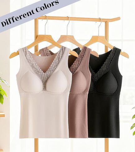 Thermal Tank Top Women V Neck Lace Camisole with Built in Bra Vest Sleeveless Undershirts in Saudi Arabia